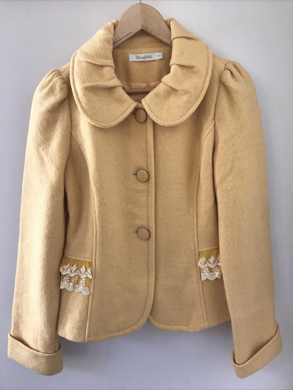 Duoyi Japanese Yellow Boiled Wool Button Up Pea Coat Blazer Jacket S-M 32" Chest
